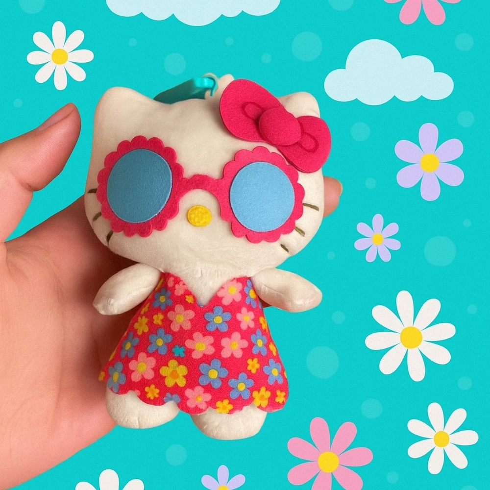 Hello Kitty Plush with Pink Floral Dress and Blue Glasses